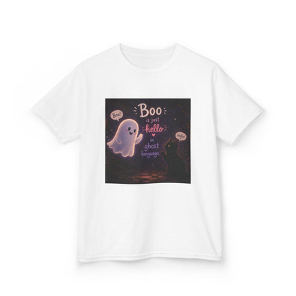 Kids Halloween Tee — "Boo: Hello Ghost Language" Cute Ghost Shirt