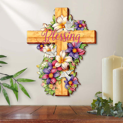Floral Dove Blessing Wooden Cross by G. Debrekht - Easter Spring Decor - 88163-2