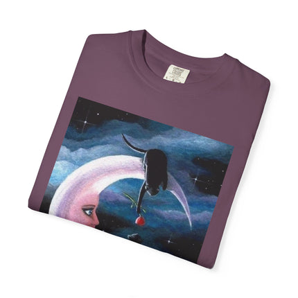 Moonlight Cats Graphic T‑Shirt — Romantic Crescent Moon Art Tee