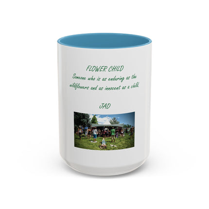 Flower Child Coffee Mug — 'Flower Child' Photo Mug with Green Script (11/15 oz)