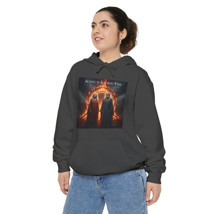 Hoodie - "Aging Is Sacred Fire" Fantasy Cloaked Figures Fire Portal Graphic Hoodie