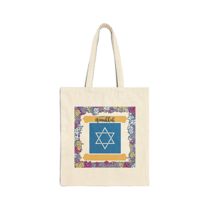 Happy Hanukkah Cotton Canvas Tote Bag — Colorful Dreidel Border & Star of David