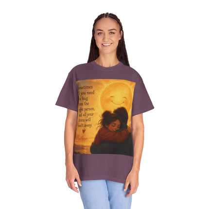 Hug Melt Away T-Shirt — Warm Sunset Illustration & Quote