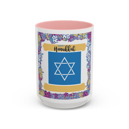 Hanukkah Star of David Accent Coffee Mug — Festive Dreidel Border 11/15oz