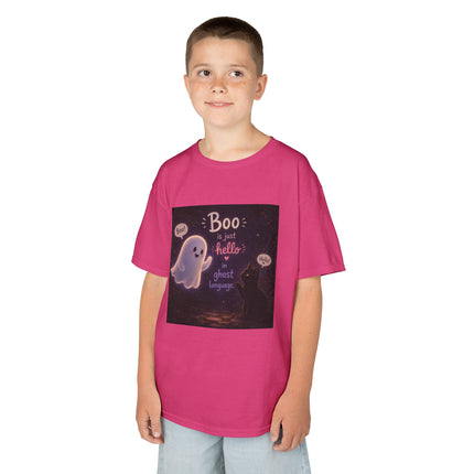 Kids Halloween Tee — "Boo: Hello Ghost Language" Cute Ghost Shirt
