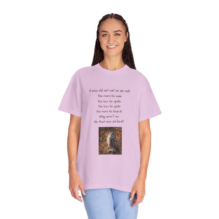 Poem & Owl Graphic T‑Shirt — 'A wise old owl...' Nature Poetry Tee
