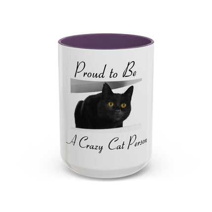 Proud to Be a Crazy Cat Person Accent Coffee Mug – Black Cat Lover Gift (11/15oz)