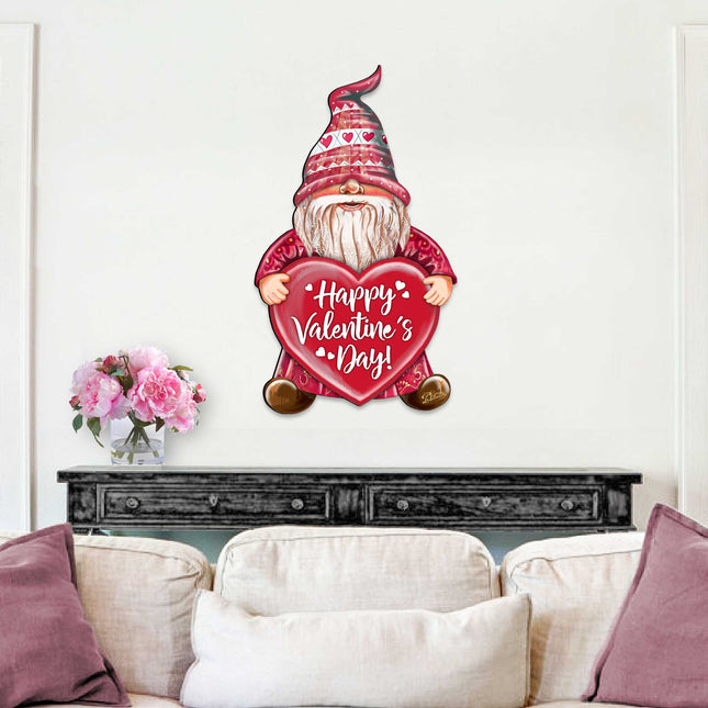 Happy Valentines Gnome Wooden Door Hanger Wall Art by G. DeBrekht - Love Family Kids Decor - 8611020H-0