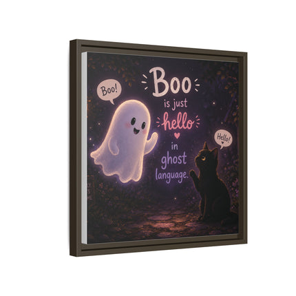 Framed Canvas Art - "Boo is Just Hello" Cute Ghost & Black Cat Halloween Print