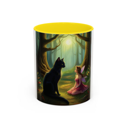 Enchanting Fairy & Cat Accent Mug – Fantasy Nature Design, 11oz