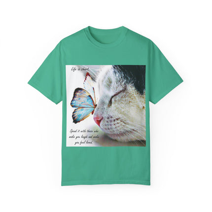 Inspirational Cat & Butterfly T-Shirt | Life is Short Quote