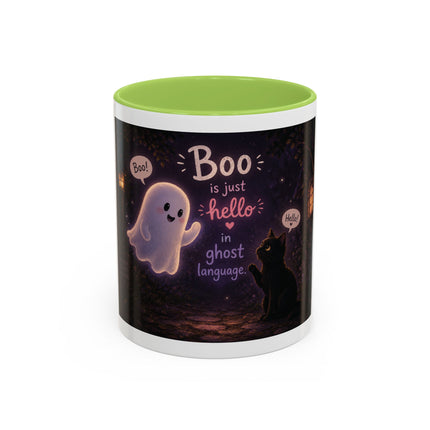 Halloween Ghost Coffee Mug — “Boo is just hello in ghost language” Accent Mug