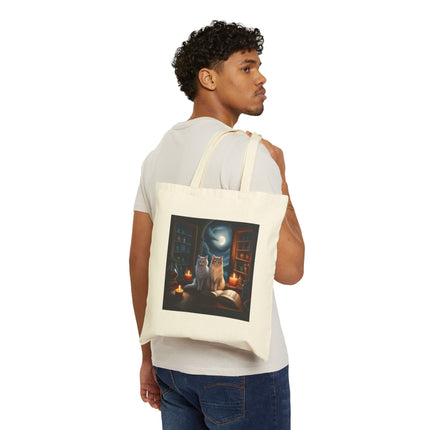 Mystic Night Cats Canvas Tote — Witchy Moonlit Library Cat Tote Bag