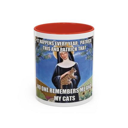 Saint with Cats Coffee Mug – "No One Remembers Me and My Cats" Accent Mug