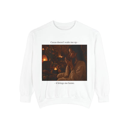 Cozy Candlelit Photo Sweatshirt — "Cacao doesn't wake me up... it brings me home"