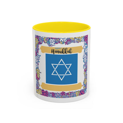 Hanukkah Star of David Accent Coffee Mug — Festive Dreidel Border 11/15oz