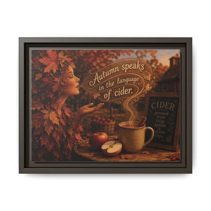 Framed canvas with AI image of a mug of cider, an autumn spirit, and text "Autumn speaks in the language of cider"
