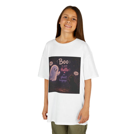 Kids Halloween Tee — "Boo: Hello Ghost Language" Cute Ghost Shirt