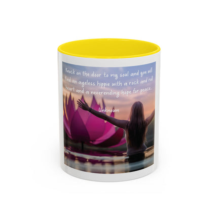 Inspirational Lotus Sunrise Coffee Mug — "knock on the door to my soul"
