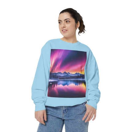 Aurora Lake Crewneck Sweatshirt — Colorful Northern Lights Landscape
