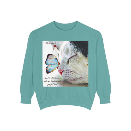 Life is Short Cat & Butterfly Unisex Garment-Dyed Sweatshirt