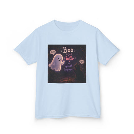 Kids Halloween Tee — "Boo: Hello Ghost Language" Cute Ghost Shirt