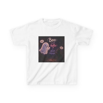 Kids Halloween Tee — "Boo: Hello Ghost Language" Cute Ghost Shirt