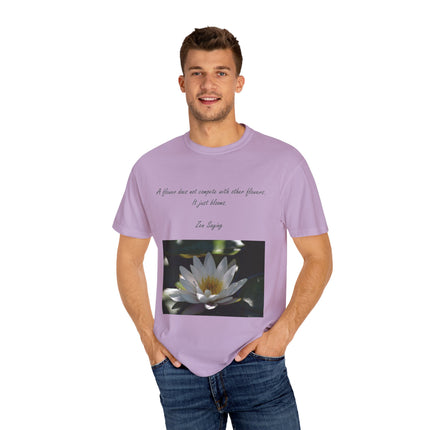 Zen Floral T-Shirt – “A Flower Just Blooms” Floral Quote Tee