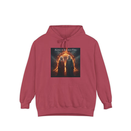 Hoodie - "Aging Is Sacred Fire" Fantasy Cloaked Figures Fire Portal Graphic Hoodie