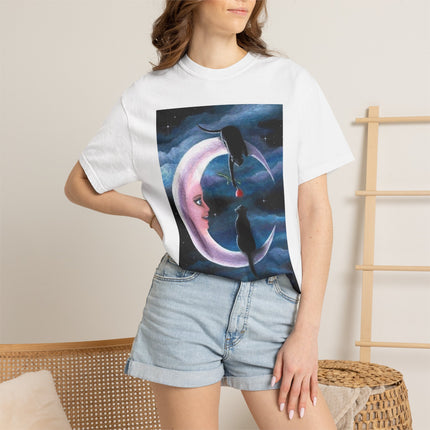 Moonlight Cats Graphic T‑Shirt — Romantic Crescent Moon Art Tee