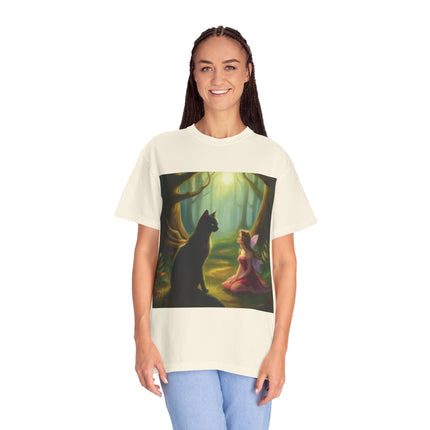 Fairy and Black Cat Forest T-Shirt — Enchanted Woodland Magic Tee