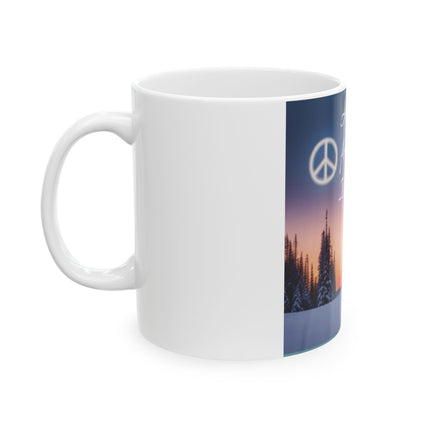 Christmas Peace Mug | 11oz Ceramic Cup with Quote & Winter Sunset