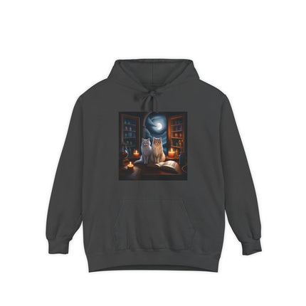 Garment‑dyed hoodie with two cats sitting among books and candles under a moonlit arched window