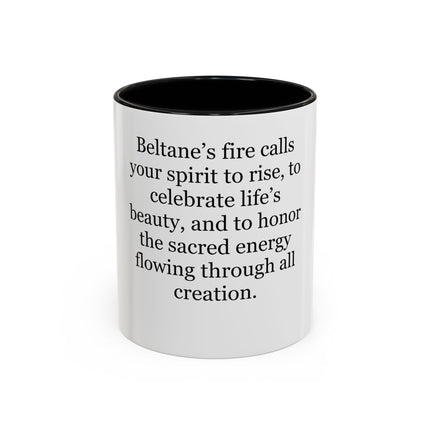 White accent mug with colored interior and handle featuring the Beltane celebration quote in minimalist text