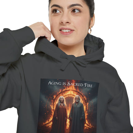 Hoodie - "Aging Is Sacred Fire" Fantasy Cloaked Figures Fire Portal Graphic Hoodie