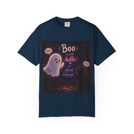 Halloween Ghost T-Shirt — “Boo is just hello in ghost language” Cute Spooky Tee