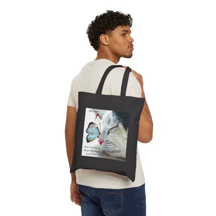Canvas Tote Bag — Cat & Butterfly Vintage Photo Print, Inspirational Quote