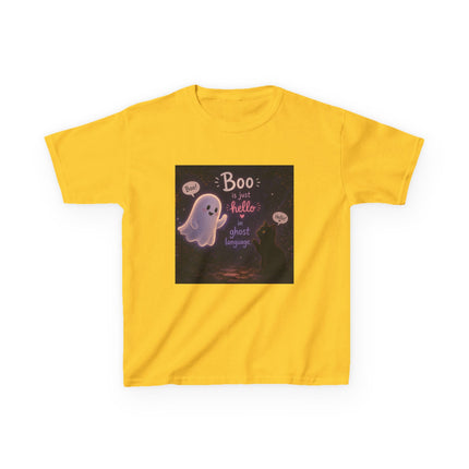 Kids Halloween Tee — "Boo: Hello Ghost Language" Cute Ghost Shirt