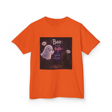 Kids Halloween Tee — "Boo: Hello Ghost Language" Cute Ghost Shirt