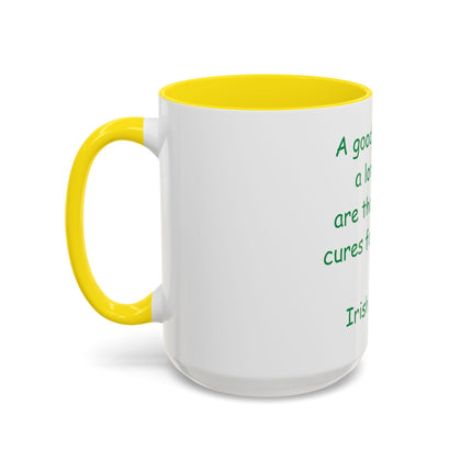 Irish Proverb Coffee Mug — "A good laugh and a long sleep" Accent Mug