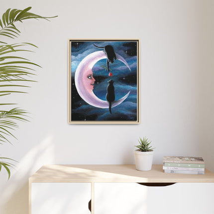 Framed Matte Canvas Moon Cats Wall Art — Whimsical Night Sky Print