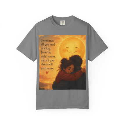 Hug Melt Away T-Shirt — Warm Sunset Illustration & Quote