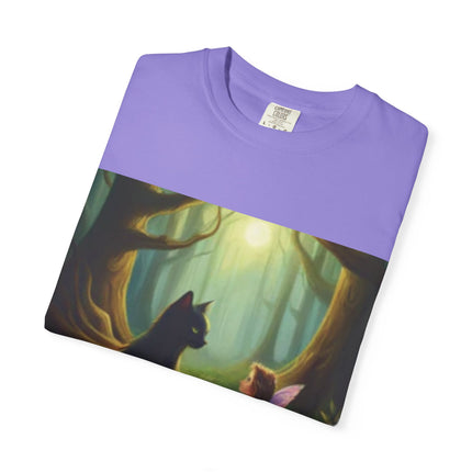 Fairy and Black Cat Forest T-Shirt — Enchanted Woodland Magic Tee