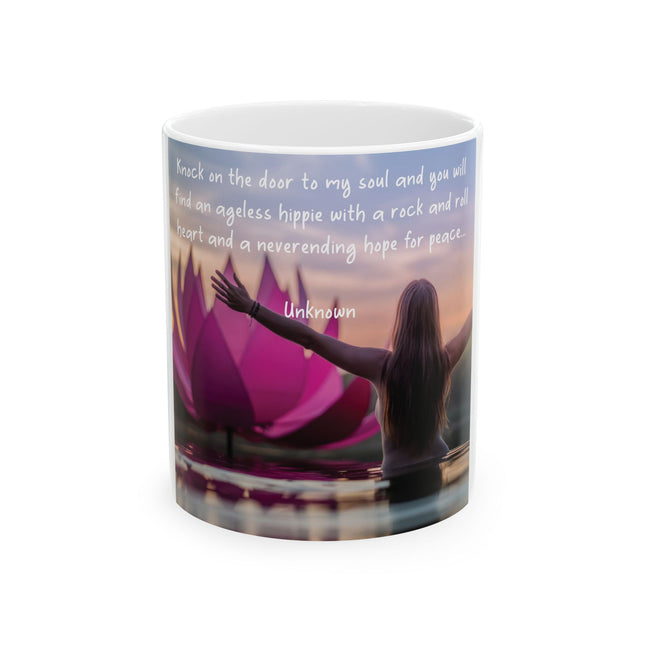 Ageless Hippie Soul Mug | 11oz Ceramic Cup with Lotus & Quote