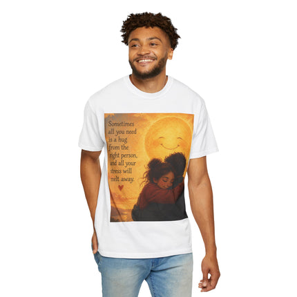 Hug Melt Away T-Shirt — Warm Sunset Illustration & Quote