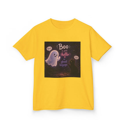 Kids Halloween Tee — "Boo: Hello Ghost Language" Cute Ghost Shirt