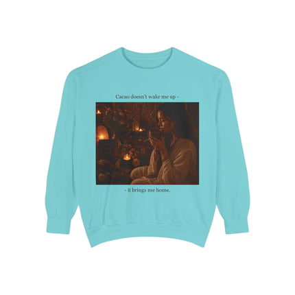 Cozy Candlelit Photo Sweatshirt — "Cacao doesn't wake me up... it brings me home"