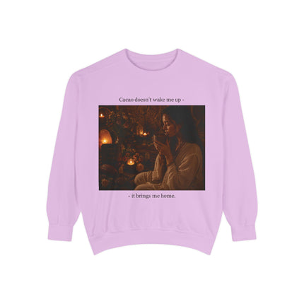 Cozy Candlelit Photo Sweatshirt — "Cacao doesn't wake me up... it brings me home"