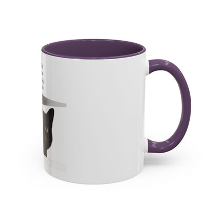 Black Cat Coffee Mug — “In the Here In the Now No Worries Only Meow” Accent Mug