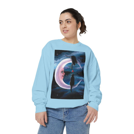 Moonlit Cats Sweatshirt —Whimsical Crescent Moon & Black Cat Graphic